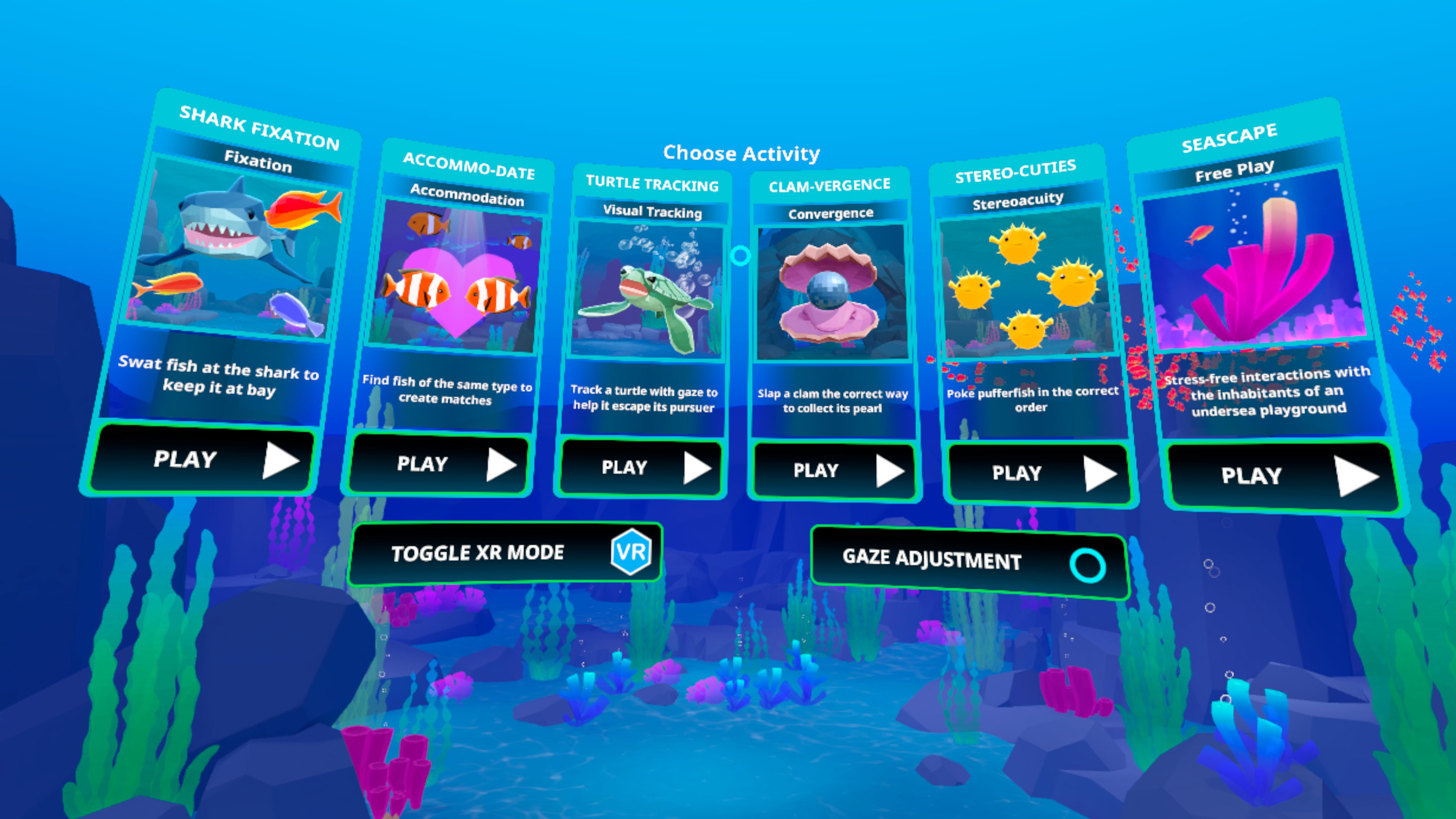AquaVision activity selection menu